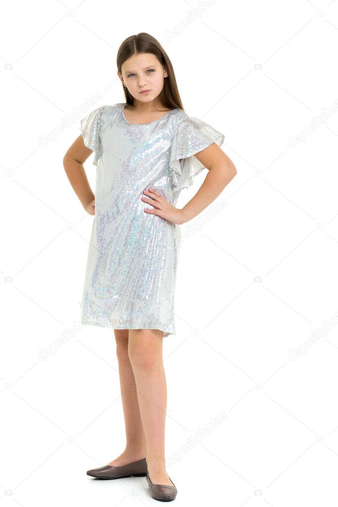 Beautiful long haired girl in shiny trendy dress