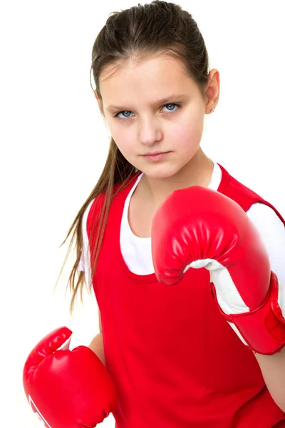 Usmívající se dívka školení v boxerských rukavicích — Stock fotografie