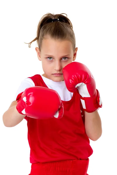 Jaki sport lubisz najbardziej? boxer teenage girl, isolated on white background — Zdjęcie stockowe