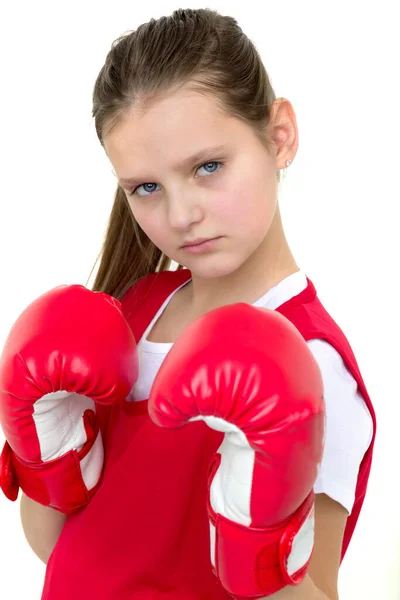 Sports boxer teenage girl, in the studio for white background. — Stock Photo, Image