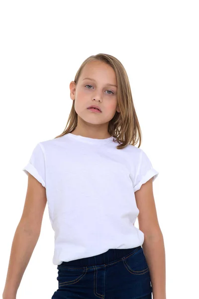 Blonde in a white T-shirt in the studio on a white background. Close-up — Stock Photo, Image