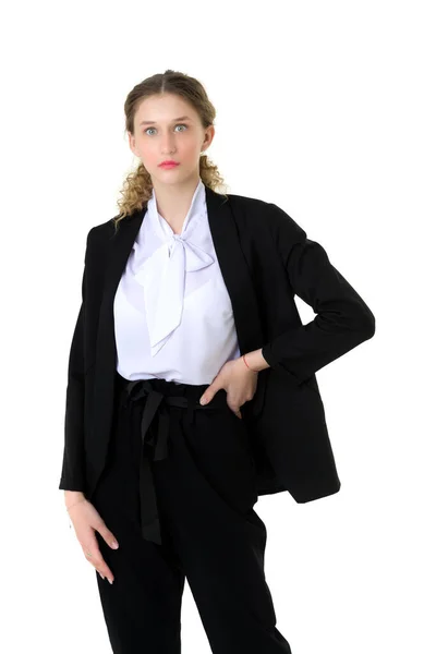 Portrét sebevědomé dívky v elegantním černém obleku — Stock fotografie