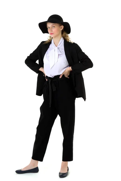 Elegant vacker flicka i en trendig svart kostym — Stockfoto
