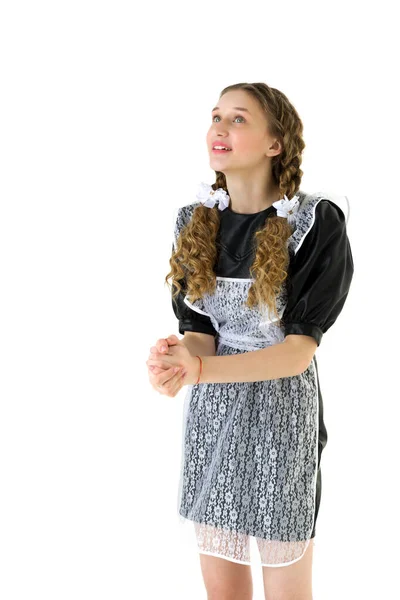 Smiling dreamy teen girl in retro school uniform — 스톡 사진