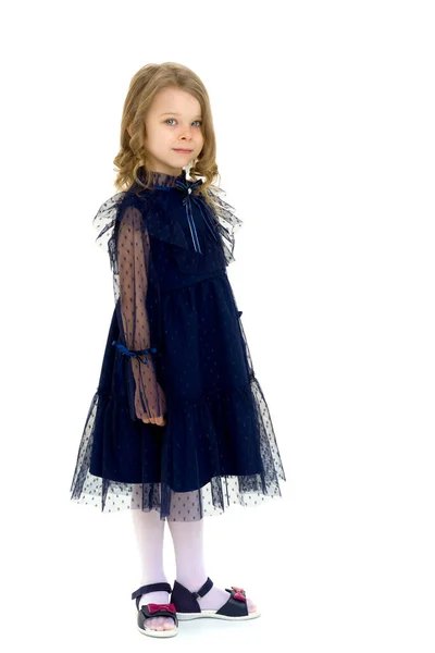 Aranyos mosolygós kislány gyönyörű kék ruhában. — Stock Fotó