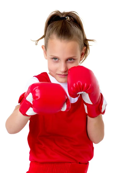 Preteen dívka box s červenými rukavicemi — Stock fotografie