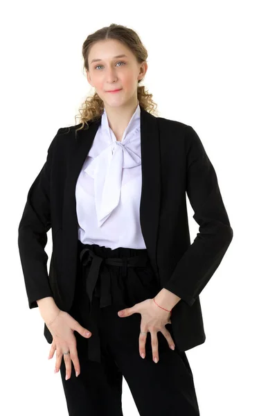 Portrait of surprised girl in elegant black suit — Stock Photo, Image