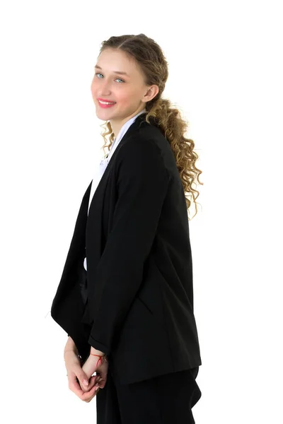 Modelo, menina estudante em terno preto formal — Fotografia de Stock