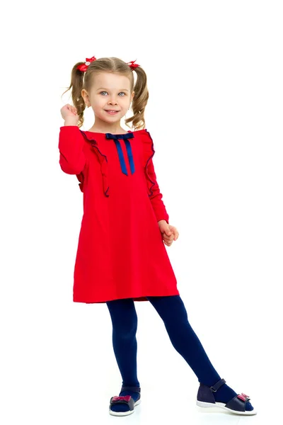 Linda niña con coletas en vestido rojo — Foto de Stock