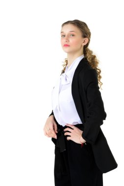 Model, siyah takım elbiseli öğrenci kız.