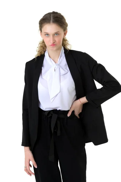 Portrét sebevědomé dívky v elegantním černém obleku — Stock fotografie