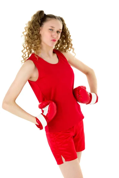 Adolescente rubia chica luchando en rojo boxeo guantes — Foto de Stock