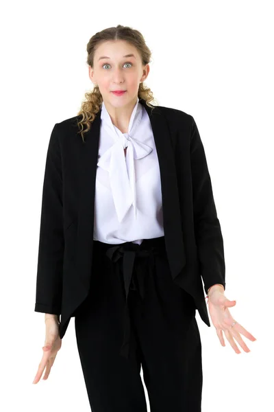 Gelukkig verbaasd student meisje in formele zwart pak — Stockfoto