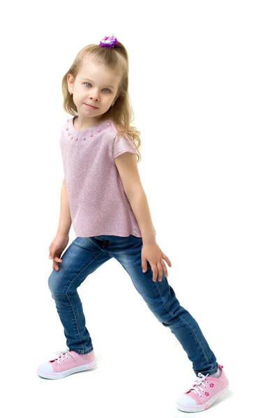 Retrato de chica en traje de moda.Fondo blanco aislado — Foto de Stock