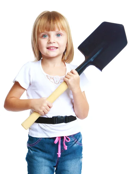 Little girl with a construction shovel. — Stock Photo, Image