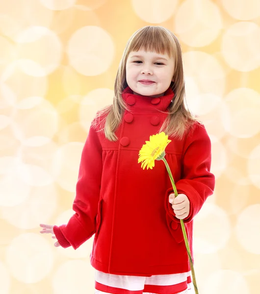 Lilla flickan i röd jacka och anläggning blommor. — Stockfoto