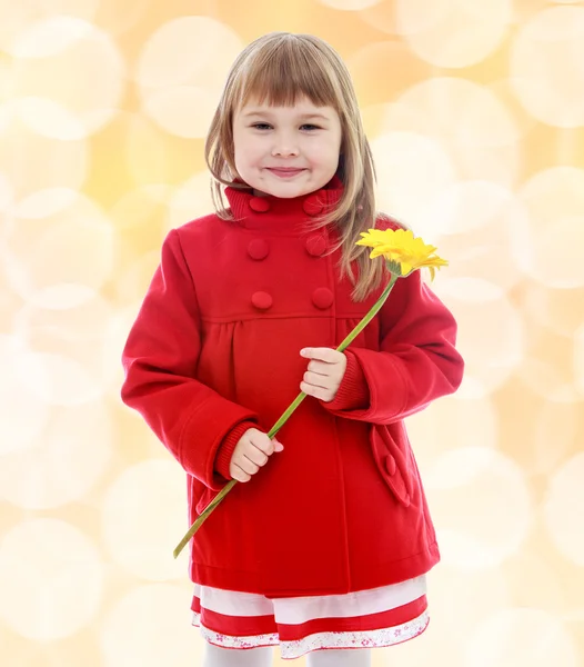 Sehr nettes kleines Mädchen mit gelben Blume — Stockfoto
