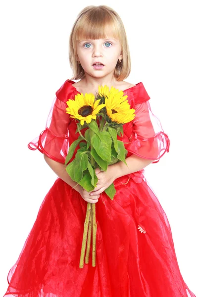 Kleines Mädchen im roten Ballkleid. — Stockfoto