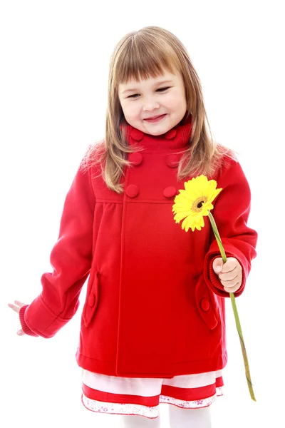 Entzückendes kleines Mädchen leuchtend roten Herbstmantel mit einem gelben flo — Stockfoto