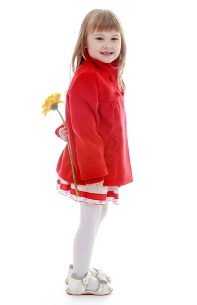 Niña elegante en un abrigo de moda con una flor grande ser — Foto de Stock