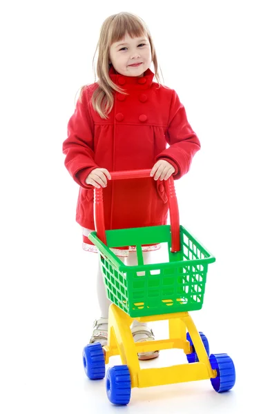 Retrato de un rubio pequeño con carritos de compras . —  Fotos de Stock