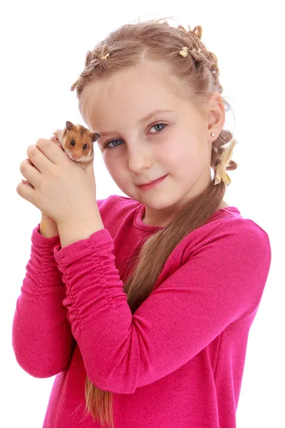 Menina encantadora segurando um hamster em seu punho . — Fotografia de Stock