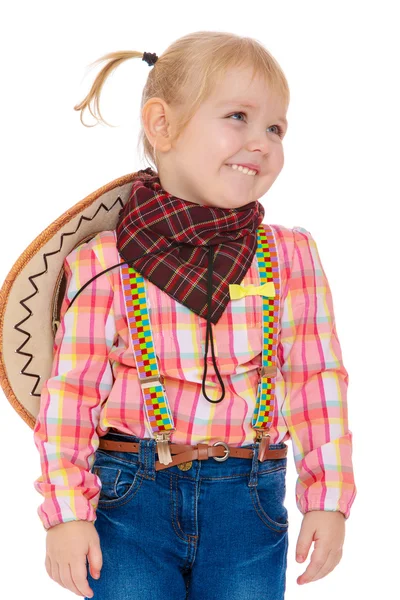 Liten blond flicka med Pigtails klädd som en cowboy . — Stockfoto