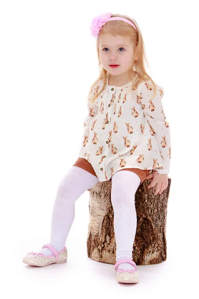 Elegant beautiful girl sitting on a stump — Stock Photo, Image