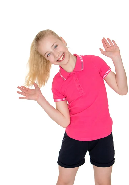 Funny blond girl smiling at the camera fun arms outstretched — Stock Photo, Image