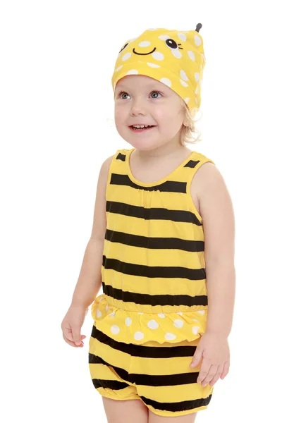 Felice gioiosa bambina vestita da ape, primo piano — Foto Stock