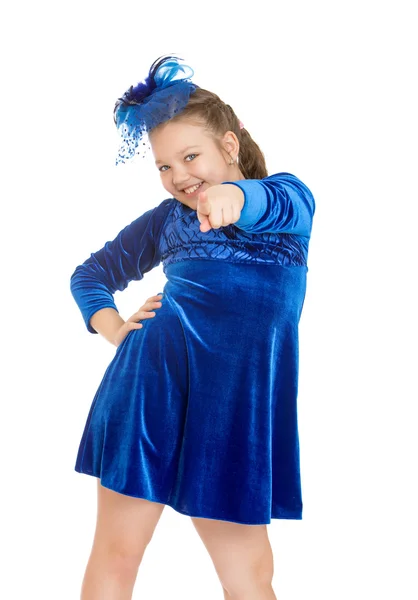 Cheerful girl in a blue dress — Stock Photo, Image