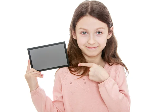 Niña sosteniendo una tarjeta gris — Foto de Stock