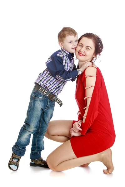 Little boy kissing his beloved mother. — Stock Photo, Image