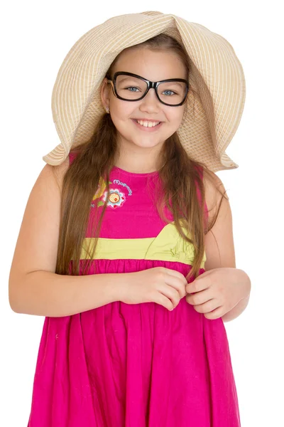 Mädchen im Sommerkleid Hut und Brille — Stockfoto