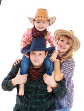 Anne baba ve küçük kızı Amerikalı kovboy kostümleri. Benim daughte