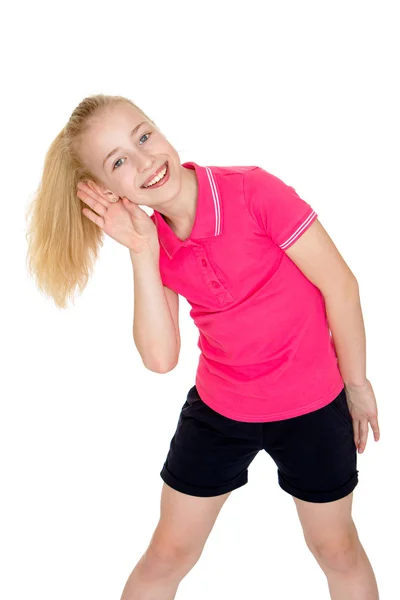 Closeup menina loira na camisola vermelha e short-shorts tinha um ha — Fotografia de Stock
