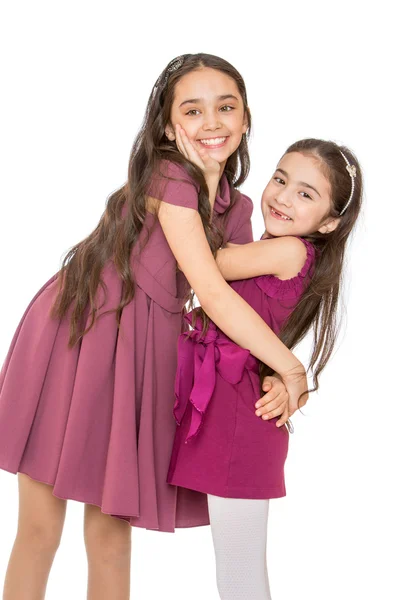 Elegantes hermanas de pelo largo abrazándose entre sí — Foto de Stock