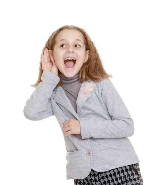 Humorous funny photo girl schoolgirl had a hand opening his mout — Stock Photo, Image