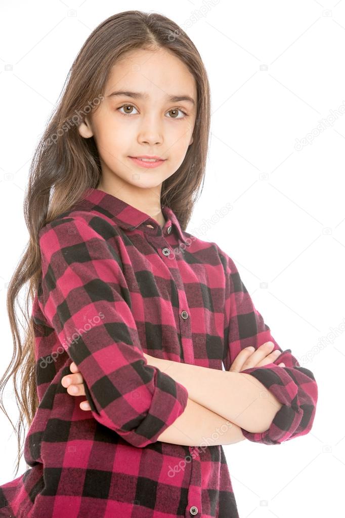 Beautiful teen girl in a plaid shirt, close-up