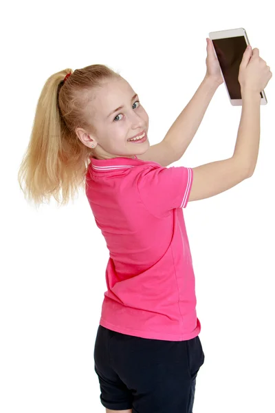 Beautiful teen girl with white hair holding in his outstretched — Stock Photo, Image