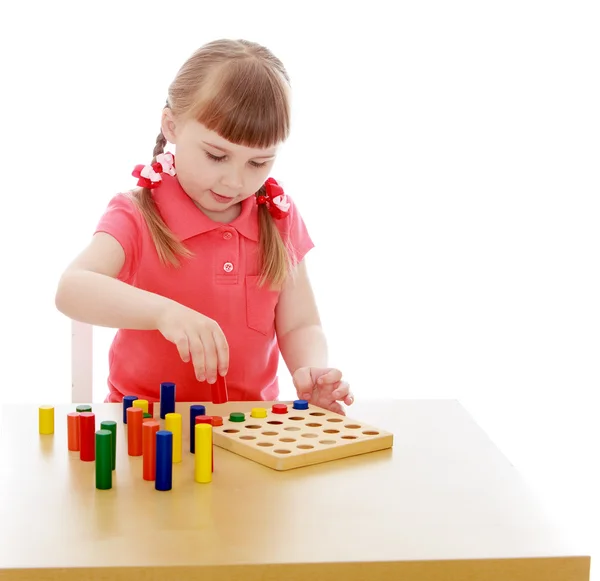 Very smart girl blonde in Montessori kindergarten — Stock Photo, Image
