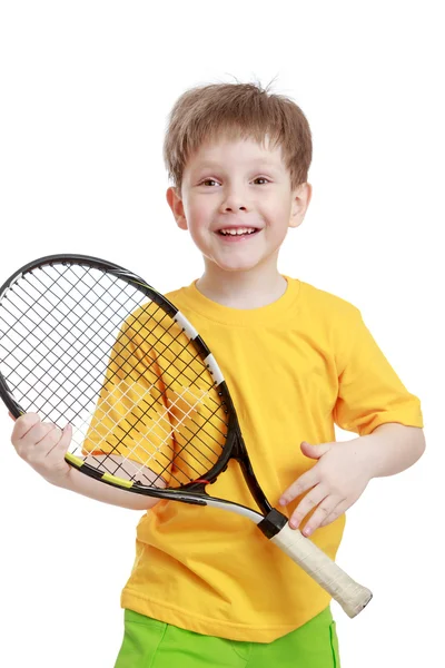 küçük çocuk bir tenis raketi, yakın çekim holding