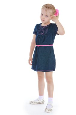girl-blonde in a blue denim dress