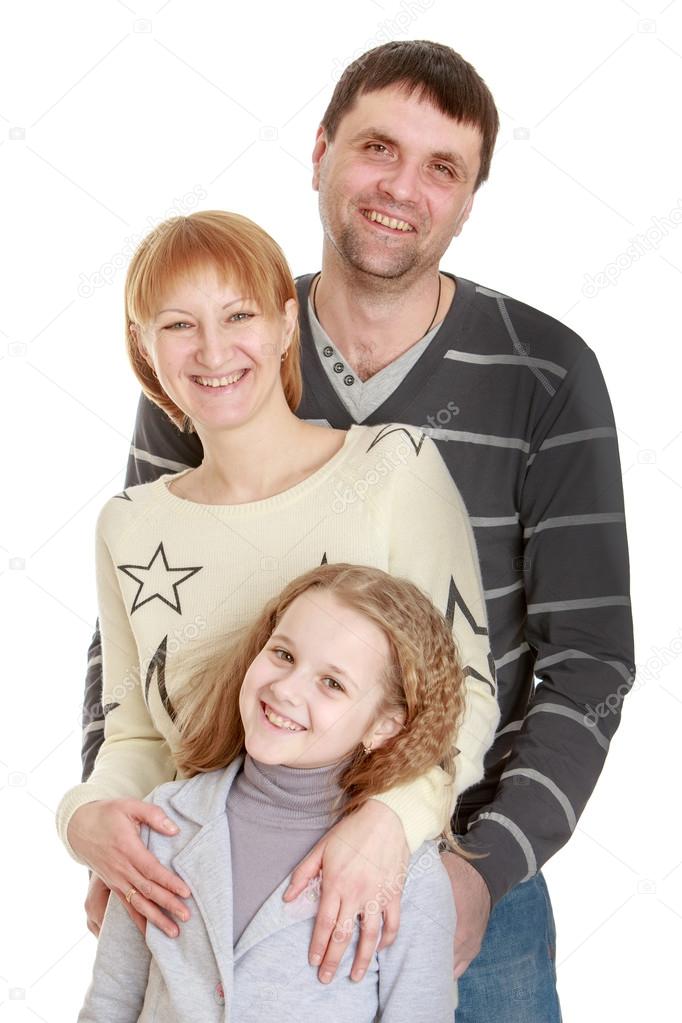 Joyful family teen daughter mom and dad , close-up