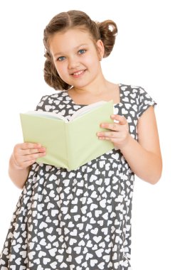 Charming schoolgirl dreaming in a gray silk dress opened the boo