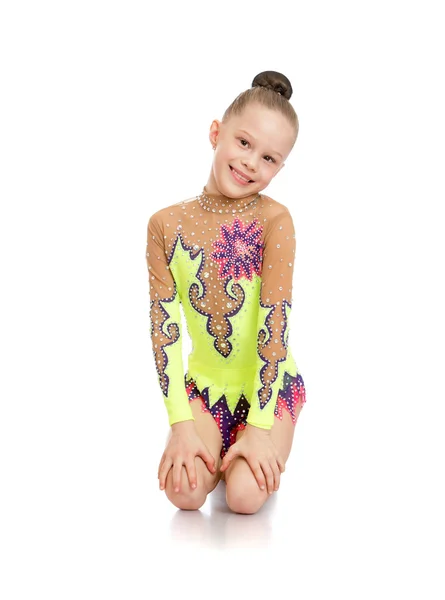 Portrait of adorable smiling little gymnasts with hair braided u — Φωτογραφία Αρχείου