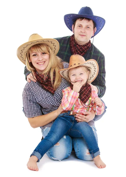 Happy young family of three mom dad and little daughter in cloth — ストック写真