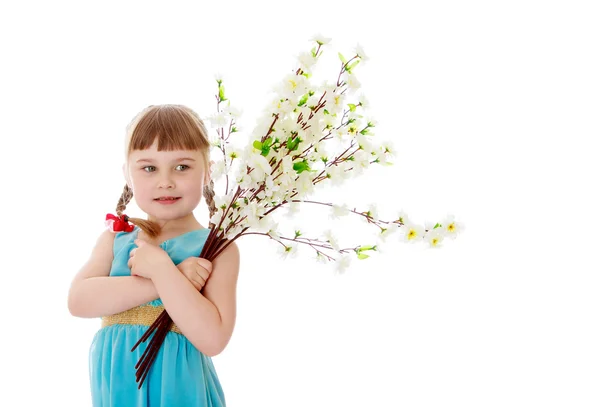 Adorable little blonde girl with short bangs and braids which are plaited red bows , in a long blue dress hugs bouquet of white flowers — Stock Photo, Image