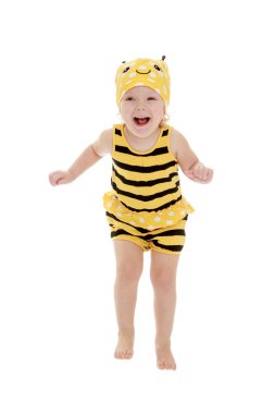 very joyful little girl in the bee costume