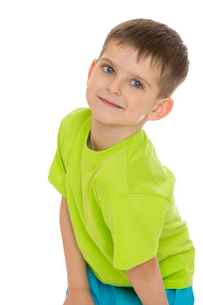 Portrait of little boy in green t-shirt, close-up — Stock Photo, Image